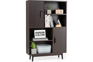 Giantex Storage Cabinet with Legs, Floor Cabinet with Doors, Shelves, Anti-Tipping Device, 4-Tier Bookshelf for Books & Photo