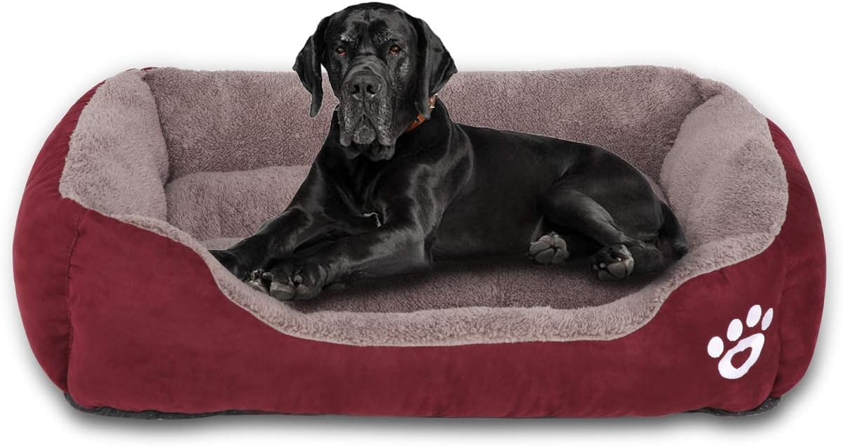 FRISTONE Dog Beds Large Washable Pet Basket Orthopedic Kennel Bed for Large Dogs Deluxe Fleece Cushion Blanket XXL Red 35.4x27.6in