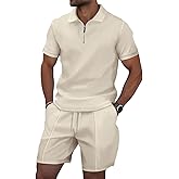 Men's Summer Solid Color Casual Suit Lapel Zipper T-Shirt Short Sleeve Elastic Shorts M-3xl