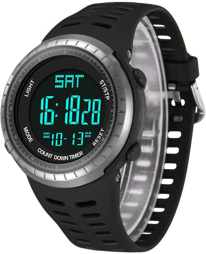 Mens Digital Sport Watch, Military Black Watches, Army Electronic Casual Wristwatch with Luminous Calendar Stopwatch Alarm EL Backlight Waterproof for Running Diving Swimming
