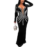 Jigfar Women's Sexy Elegant Rhinestone Embellished Velvet Party Club Night Bodycon Formal Evening Maxi Dress