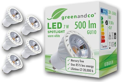 Greenandco Nz Cob Gu10 7w Led Spotlight Replaces 40 50 W Gu10 Halogen Spotlight 7 W 500 Lumen 2700 K Warm White 5x Nz Cob Gu10 7w Amazon Co Uk Lighting