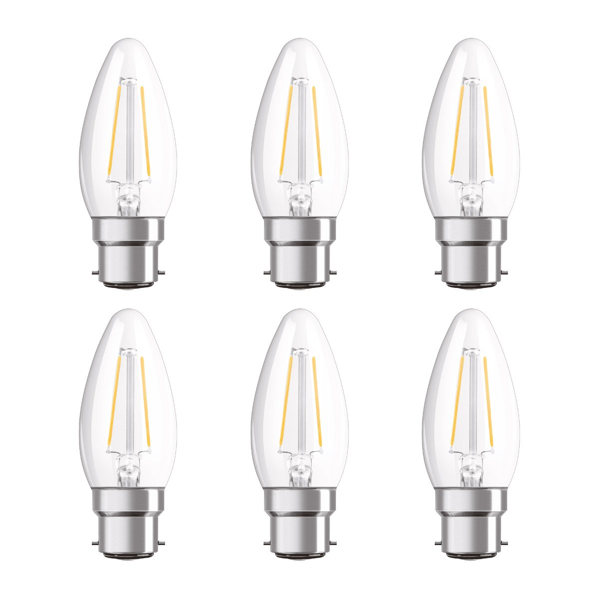 OSRAM LED Retrofit Classic B/LED lamp, Classic mini Candle Shape: B22d, 2.10 W, 220…240 V, 25 W Replacement, Clear, Warm White, 2700 K, 6x1pack