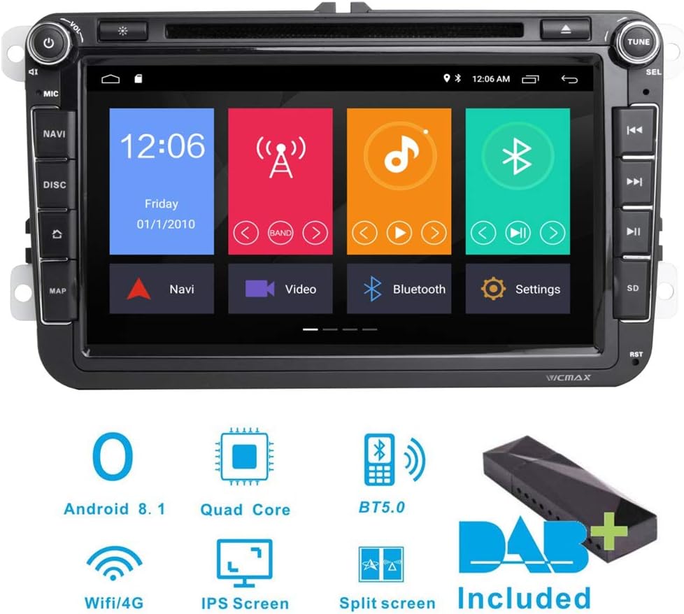 Android 8.1 Car Stereo DAB+(Included) for VW Seat Golf Polo Skoda Passat Caddy 8 Inch Sat Nav Canbus/IPS panel/Bluetooth/WIFI/4G/Multi-touch Screen/GPS/DVD Player/Touch Screen/AUX