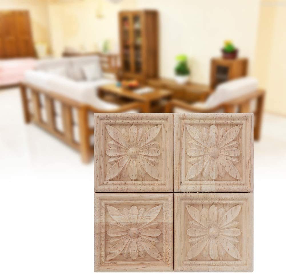 4Pcs 6x6cm Carving Checkered Applique Unpainted Decal for Furniture Decoration Natural Wood Appliques Square Flower Carving Decals Decorative Wooden Craft (4#)