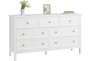 CARPETNAL White Dresser for Bedroom, 7 Drawer Dresser with Wide Drawers and Gold Metal Handles, 55" White and Gold Dressers TV Stand, Modern Dressers & Chests of Drawers for Hallyway, Entryway.