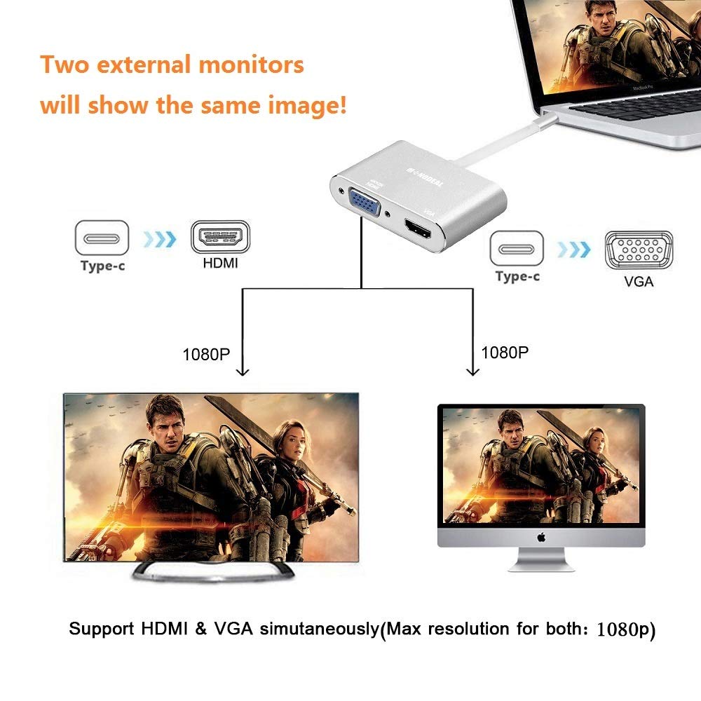 USB C to HDMI VGA Adapter, Monodeal 2 in 1 USB 3.1 Type C to VGA HDMI 4K UHD Adapter, Support HDMI VGA Simultaneously, External Video Card Multi-display Video Converter, NO NEED DRIVER