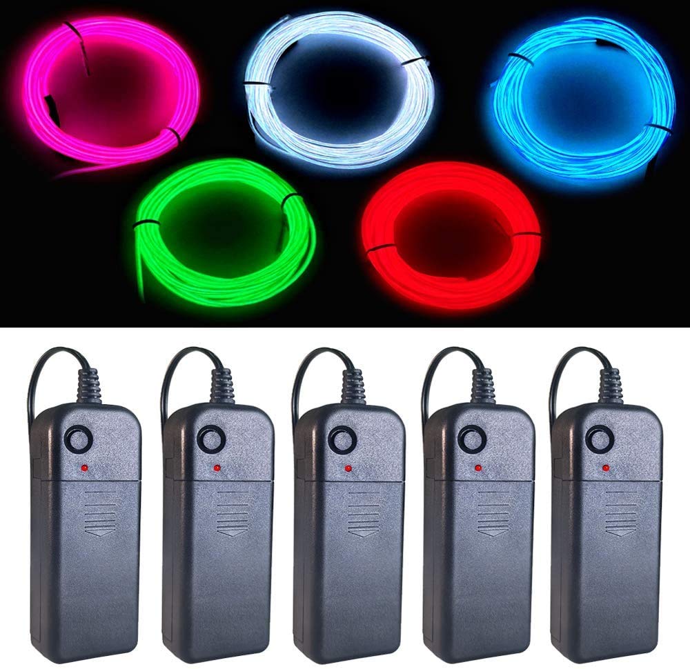 Balabaxer EL Wire 5 Colors, 9ft Neon Light Wire 5 Pack Noise Reduction with Battery Pack(Green, Blue, Red, White, Pink) for Halloween Decorations DIY Costume