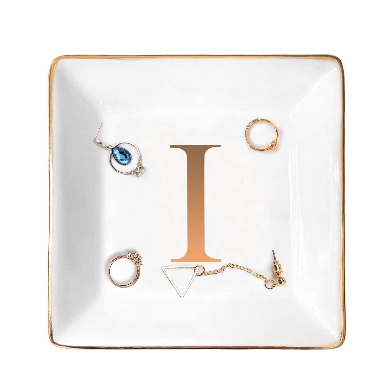 ANOTION Jewelry Tray Ring Dish with Ini-tial Gift- Personalized Trinket Dish and Jewelry Dish with Gold Initials Key Bowl Ceramic Holder, Unique Wedding or Engagement Present