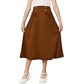 GORLYA Girls Elegant Elastic Waist Button Front Bow Knot A-Line Long Skirts with Pockets 6-16Y