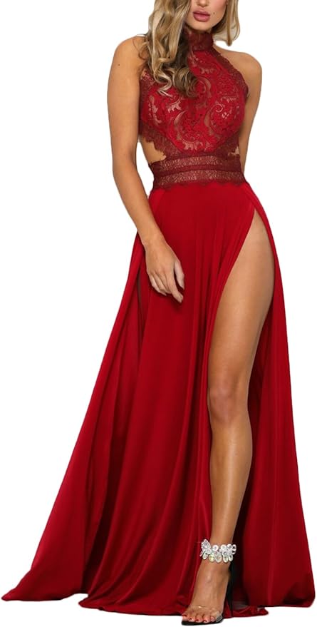 Mujer Vestidos De Fiesta Largos De Noche Elegantes Transparentes Ropa Dama Moderno Encaje Splicing Sin Mangas Sin Espalda Talle Alto con Aberturas Vestido Largo Vestidos Coctel