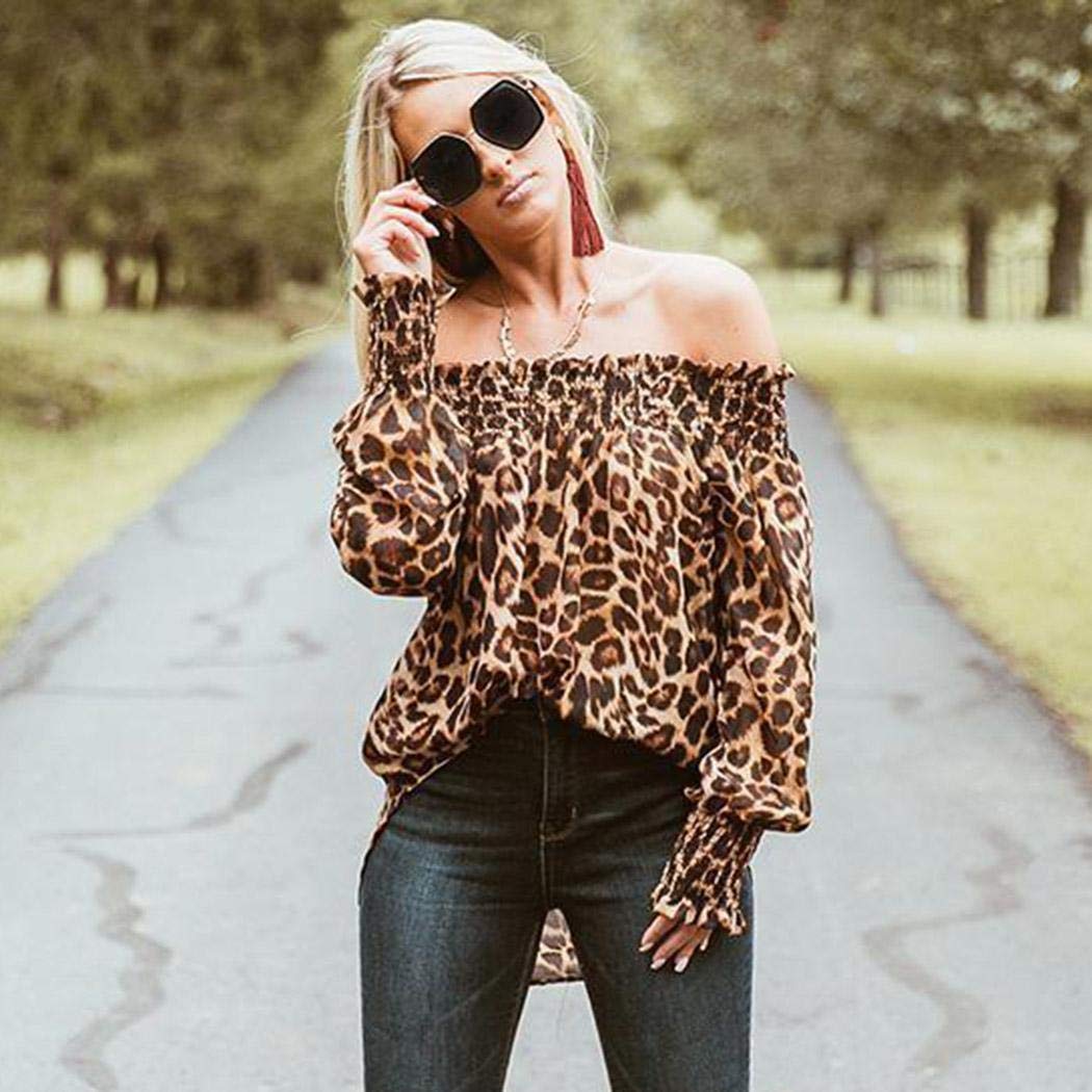 BiuKen Women Casual Slash Neck Long Sleeve Leopard Print Pullover Off-Shuolder T-Shirt Knits & Tees