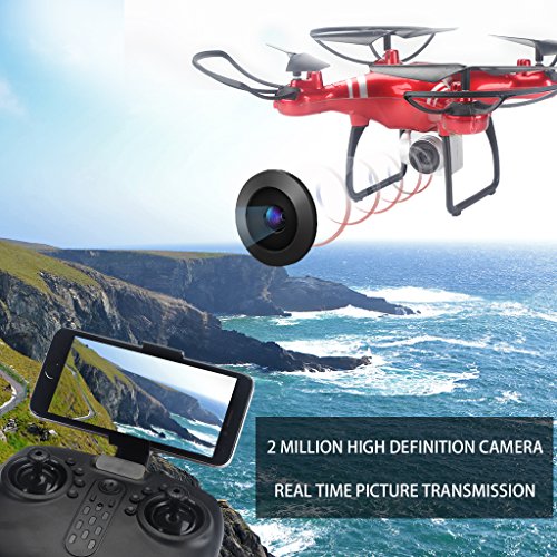 Jujuism 4CH 2.4G Remote Control Quadcopter 720P HD Camera Live Video 120° Wide-angle 6-Axis Gyro Systrm Headless Drone RTF One Key Return Function Red