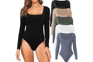 CE' CERDR 4/5 Pack Long Sleeve Body Suits Womens Square Neck Bodysuits Basic Shirts Stretchy Fitted Tops