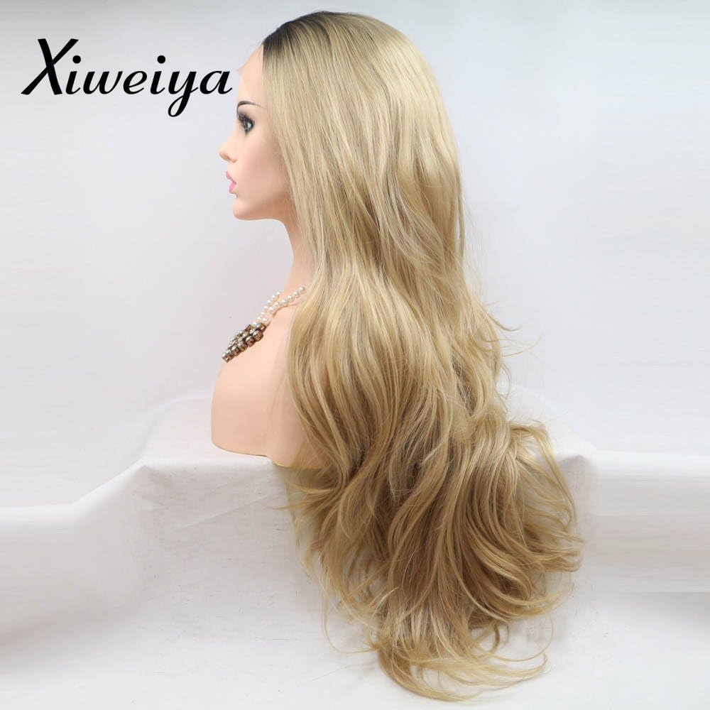 xiweiya Gold Blonde Wavy Wigs Long Curly Ombre Blonde Brown Lace Wigs Heat Resistant Fiber For Women 13x3 Lace Wig Natural Hairline Wig Drag Queen 24inch - Image 4