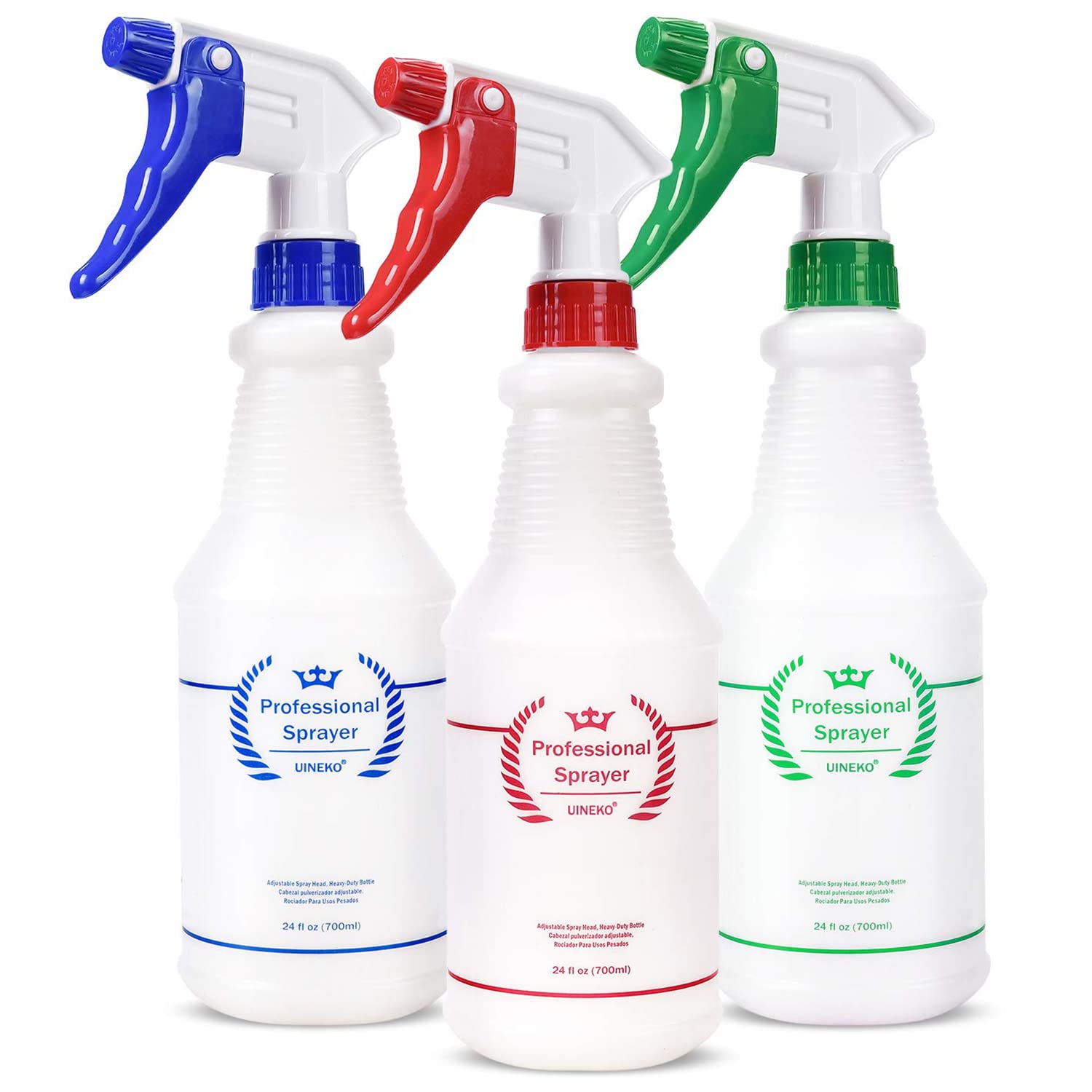 Photo 1 of Uineko Plastic Spray Bottle (3 Pack, 24 Oz, 3 Colors) Heavy Duty All-Purpose Empty Spraying Leak Proof Mist Water Bottles for Cleaning Solutions Plants Essential Oils Hair Pet with Adjustable Nozzle
