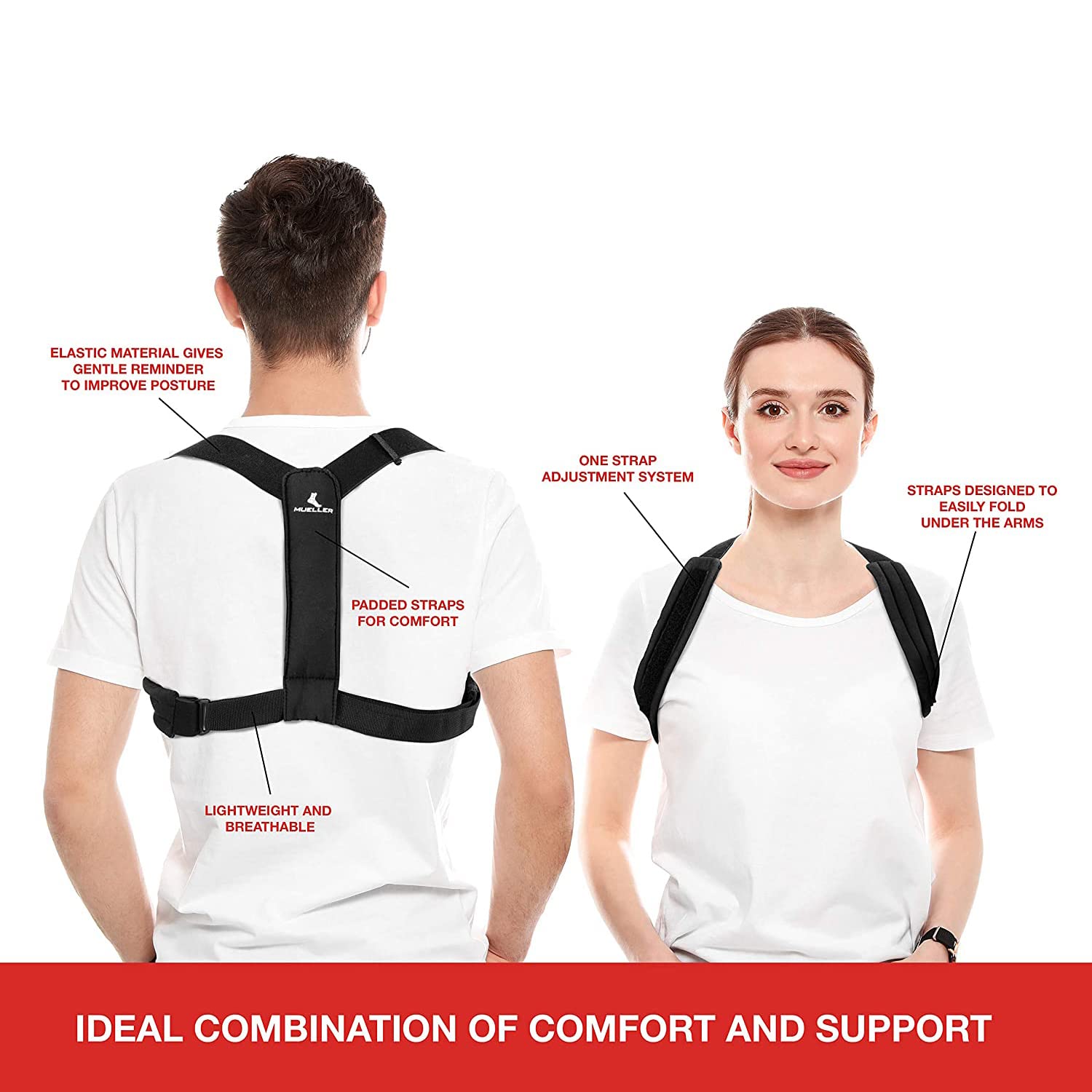 MUELLER Sports Medicine Posture Corrector for Women and Men, Adjustable Back Support for Scoliosis, Kyphosis & Text Neck, One Size, Black