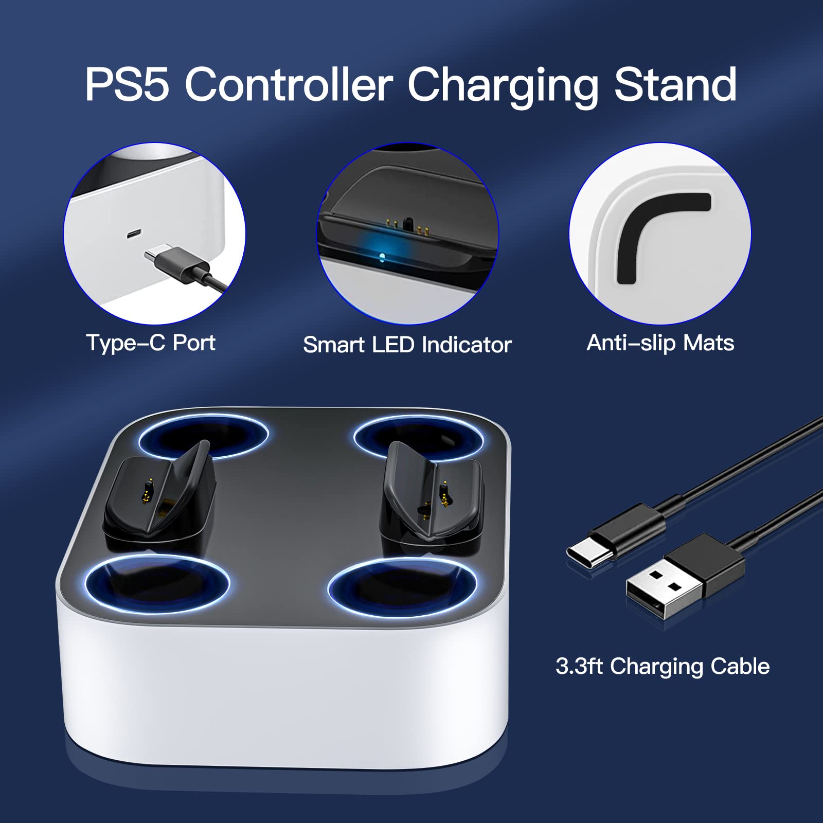 NEWDERY for PS5 Controller Charger Station Compatible with Dualsense Edge, Fast Charging Dock Stand with Cable, Dual Charging Station for PlayStation 5 & DualSense Edge Controller