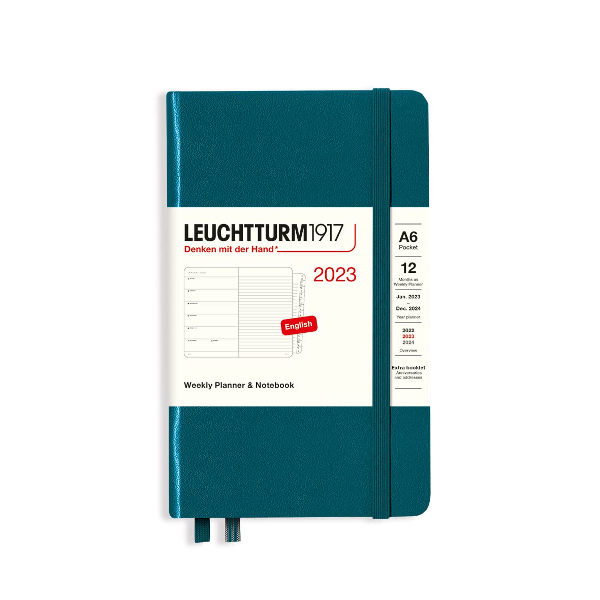 LEUCHTTURM1917 365898 Weekly Calendar & Notebook Pocket (A6) 2023, 12 Months, Pacific Green, English
