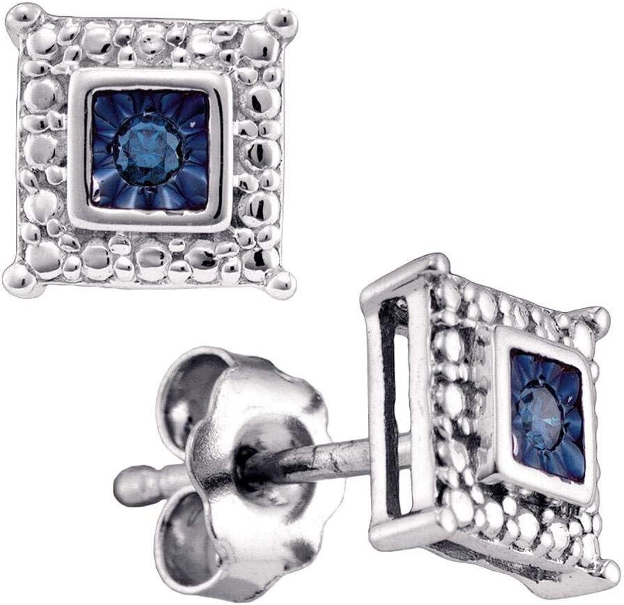 Sterling Silver Round Blue Color Enhanced Diamond Solitaire Earrings 1/20 Cttw for Women