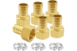 Uenede 6PCS Brass Hose Barb Fittings 1/2" NPT Female to 1/2" Barb Adapter Connector Include 6 Stainless Steel Clamps for Water/Oil/Gas