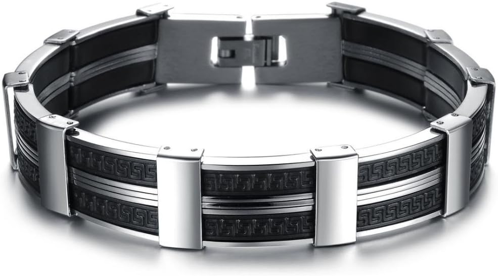 bigsoho Jewelry Fashion Black Color Genuine Silicon Men's Bracelet Stainless steel Wide Wristband Bangle Cool Men 8.6 Inch Length 13.5mm Width 31.5g Weight