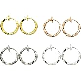 LAXPICOL Twisted Clip On Earrings 4PCS Different Color Gold Silver Black Rose 0.51IN/0.59IN/0.70IN/0.78IN Hoop Earrings Clip On Earrings for Women No Piercing