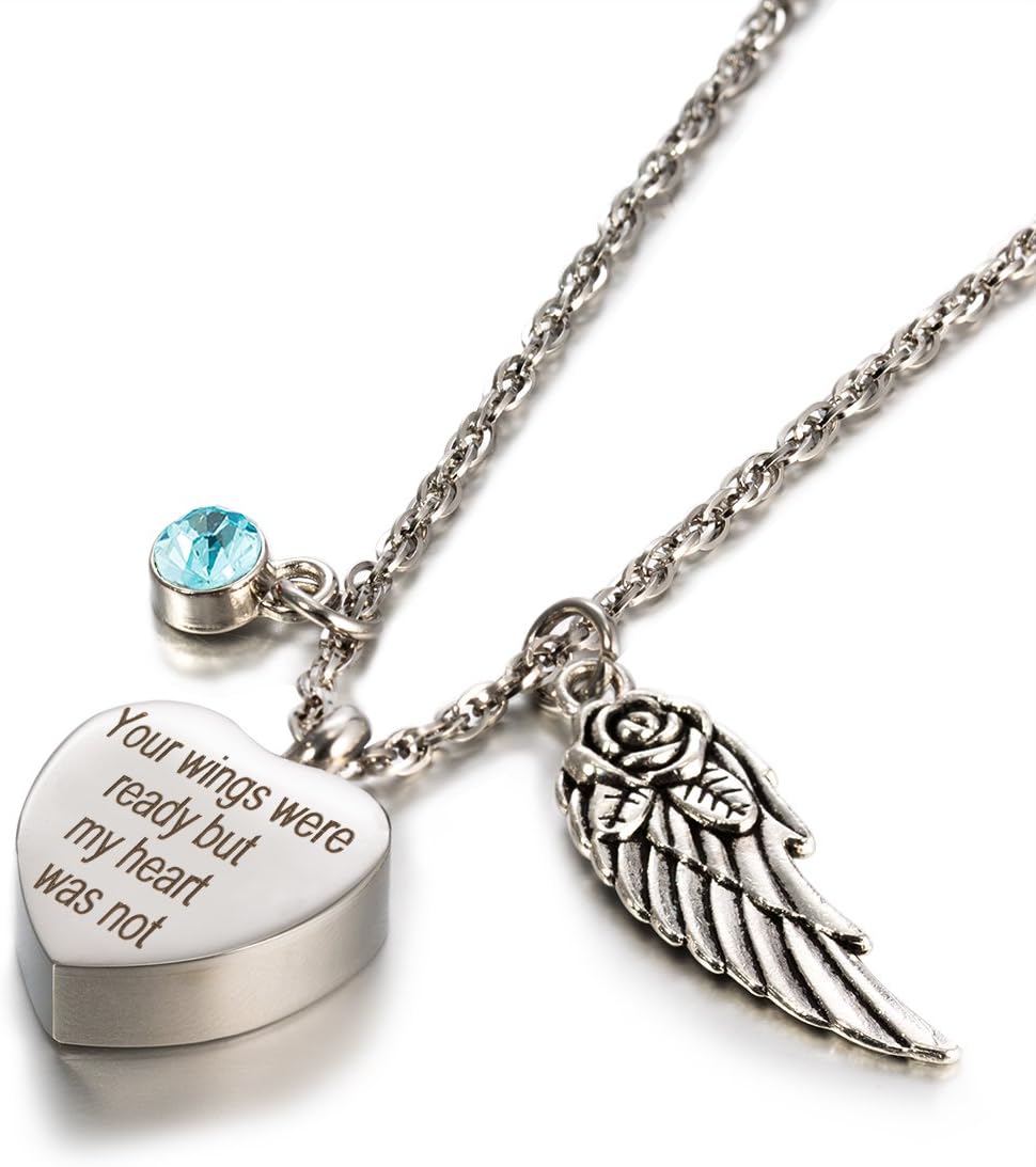 Glimkis Memorial Jewelry Necklace, Angel Wings Cremation Jewelry Birthstone Memorial Ash Keepsake Necklace
