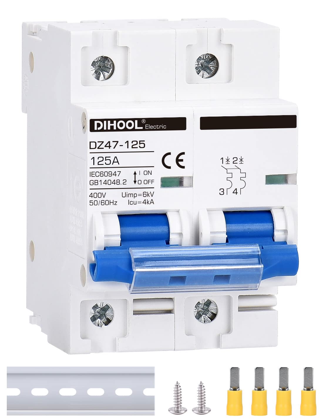 DIHOOL Miniature Circuit Breaker MCB, 2 Pole, 125Amp,230VAC,Type C — image 1