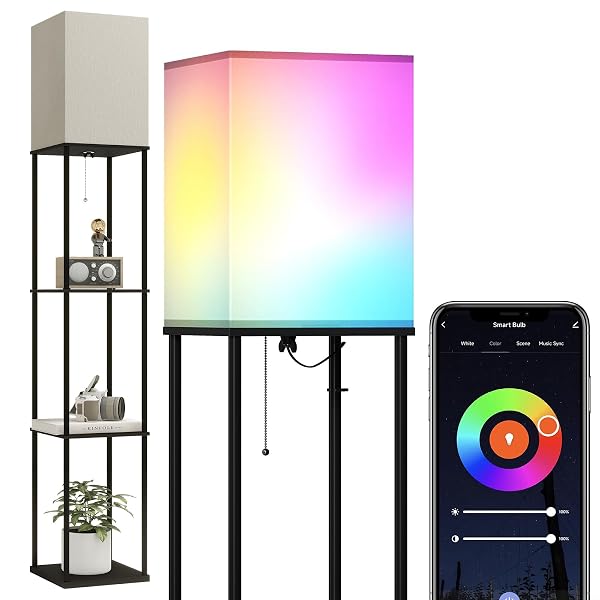 FLOOR LAMP WITH SHELVES, SMART APP CONTROL STANDING LAMP WITH RGB BULB, 4-TIER DIMMABLE FLOOR LAMPS FOR LIVING ROOM, TALL LAMP FOR BEDROOM, OFFICE, CORNER DISPLAY BOOKSHELF LAMP