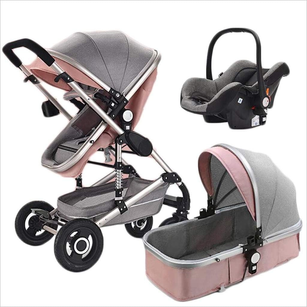 KLEDDP Baby Stroller Portable Folding Multi-function 3 In 1 Sleep Horizontal Two-way Four-wheel Shock Absorber Newborn Four Seasons Universal Optional 3 Colors Strollers (Color : Pink)