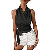 MakeMeChic Women's Satin Blouse Wrap V Neck Sleeveless Tie Side Summer Elegant Crop Tops