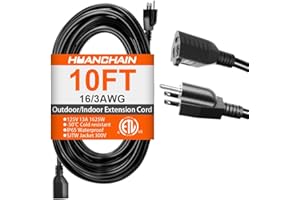 HUANCHAIN 10 FT 16 Gauge Black Indoor Outdoor Extension Cord Waterproof, Flexible Cold Weather 3 Prong Electric Cord Outside, 13A 1625W 125V 16AWG SJTW, ETL Listed