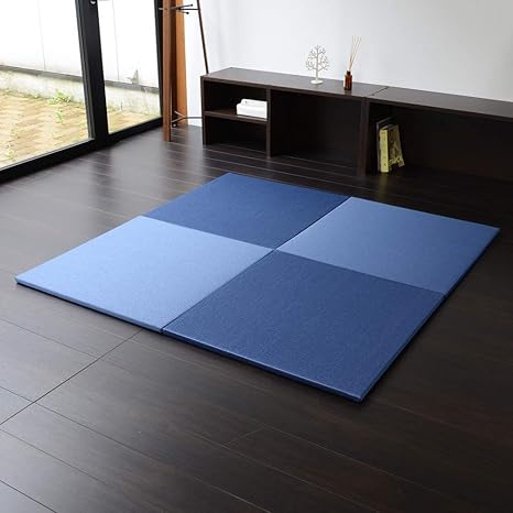 Amazon こうひん 日本製 縁なし 置き畳 ユニット畳 パラレル フィラ 70 縁なし畳のハイグレードモデル 市松模様が際立つ目積織り 国産和紙製 17 藍色 市松敷き対応 厚さ2 5cmの 本格タイプ 一年保証 すべり止め付き 70cm X 70cm 4枚セット イ草 畳マット