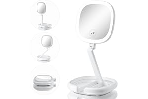 Beautifive Makeup Mirror with Light and Magnification, 7X/1X Light Up Makeup Mirror Travel Lighted Make Up Mirror with Adjustable Height Double Sides Folding Magnifying Mirror with Light