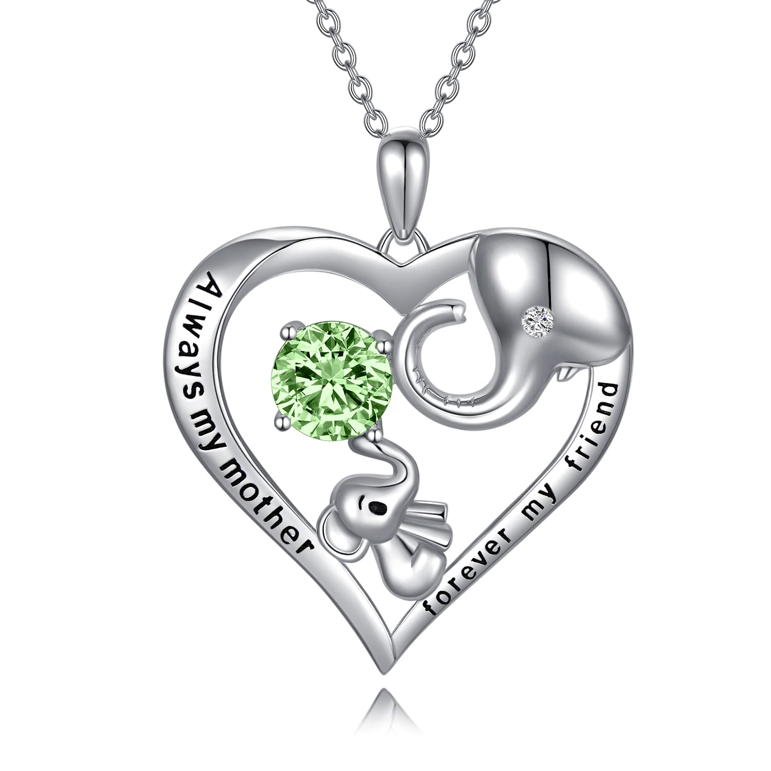 AOBOCO Mum Necklace Sterling Silver Love Heart Lucky Elephant Necklace with August Simulated Peridot Birthstone Crystals, Birthday Mothers Day Jewellery Gifts for Mum from Daughter Son