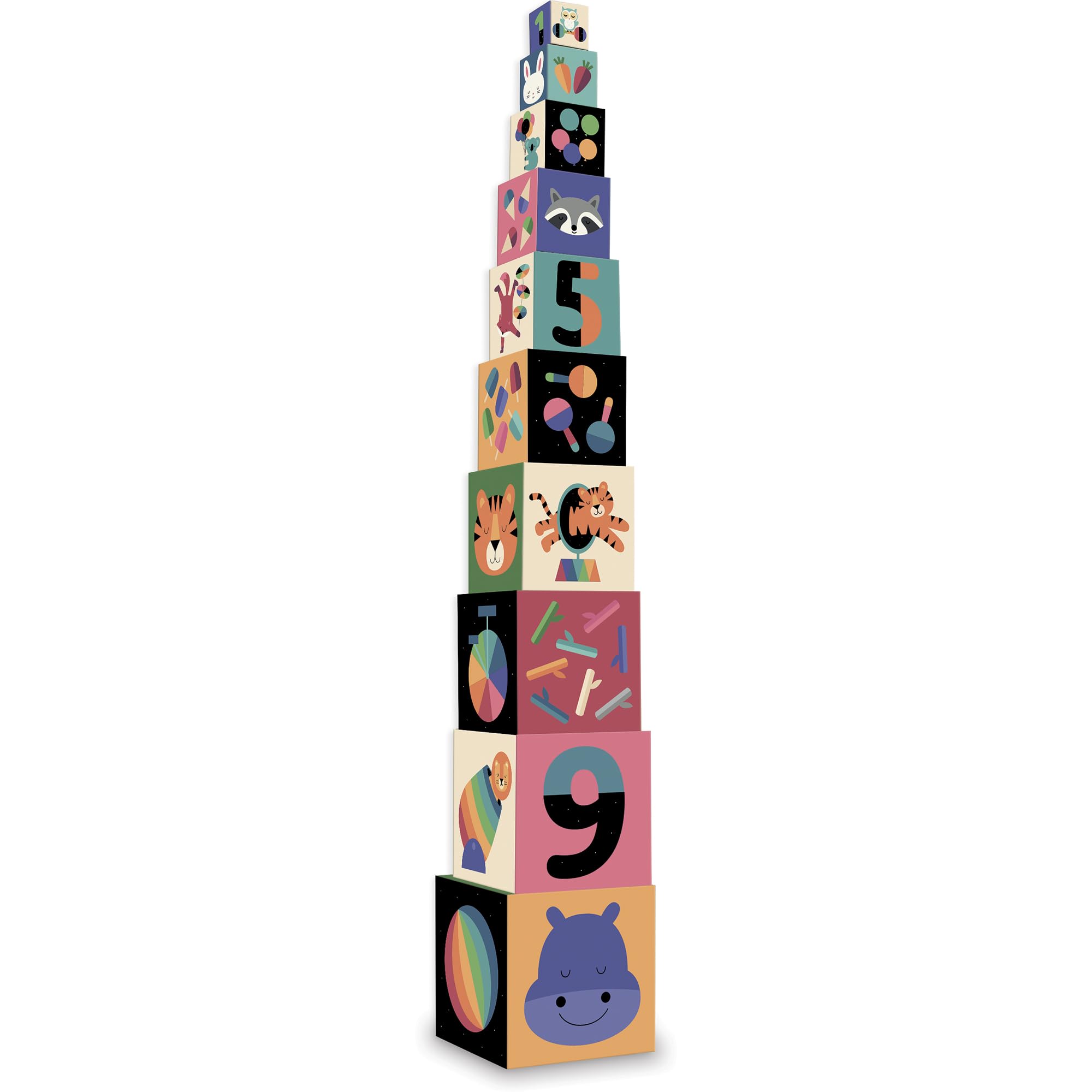 Vilac Thick Cardboard Stacking, Balancing Game, Montessori Toy, Promotes Dexterity, 2 Yrs+, 14 x 14 x 87 cm, 5 Sides Illustrated By Andy Westface (Animal, Number, Circus Act) 10 Nesting Cubes Rainbow