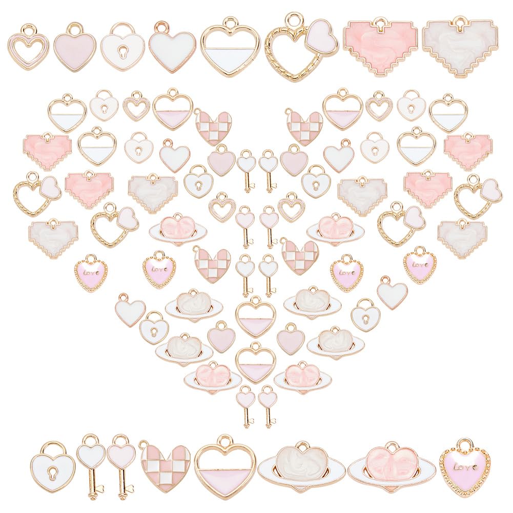 SUNNYCLUE 1 Box 96Pcs 16 Styles Valentines Day Heart Charms Bulk Pink Alloy Love Lock Key Pendants Hollow Lock Planet Arrow Pendant Gold Plated for Jewelry Making Charms Gifts Bracelets Findings