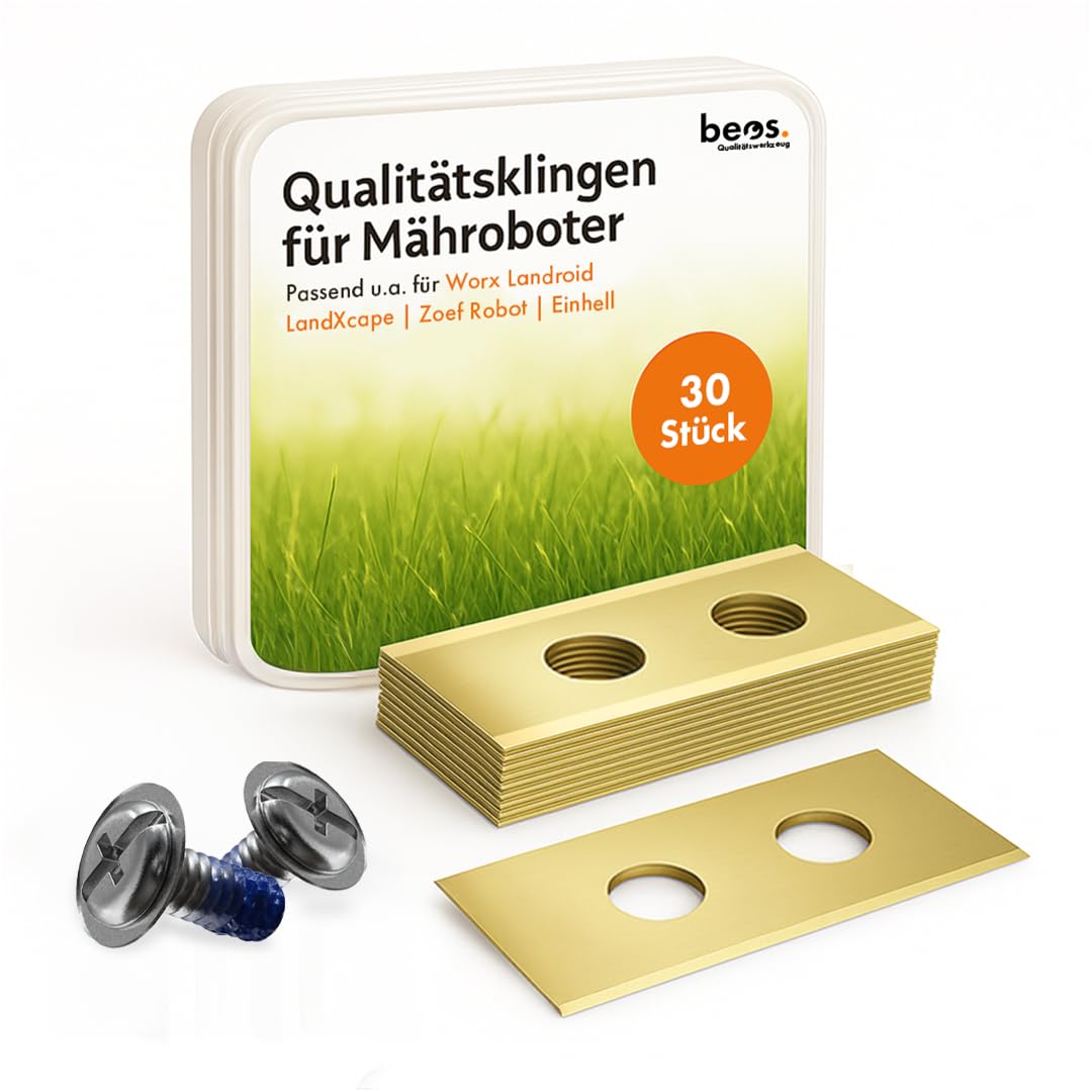 beos 30 x Premium Titan Replacement Blades + Screws with Safety Lock – Replacement Blades for Premium Brands Worx, LandXcape, Einhell, Kress – 0.9 mm Blade Thickness Long-Lasting Lawnmower