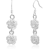 Watforsh Flower 925 Sterling Silver Earrings for Women Floral with Double Rose Earrings Long Tassel Drop Silver Dangle