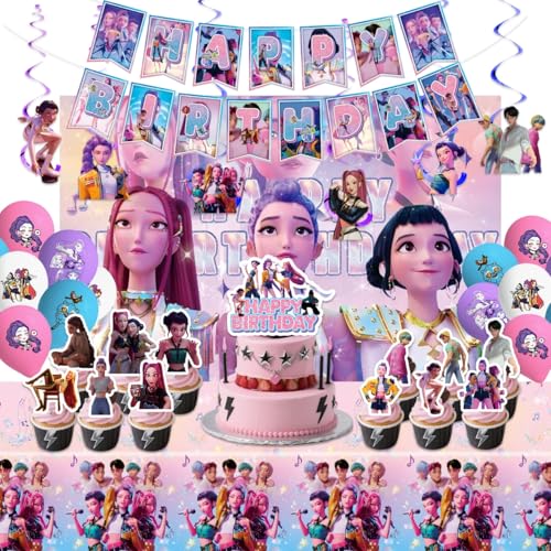 Demon Hunters Birthday Decorations, Party Supplies Set Include Banner, Backdrop, Balloons, Hanging Swirls, Cake Cupcake Toppers, Tablecloth for Boys Girls Kpop Theme Party