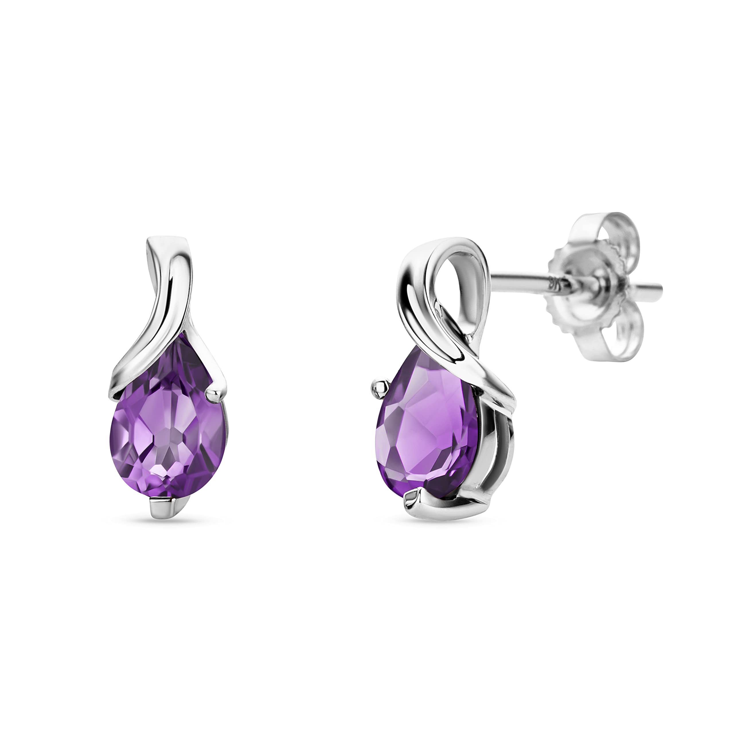 Orovi Pear-Shaped White Gold Earrings for Women with Amethysts in 9 Carat Gold, Hypoallergenic Earrings - Handmade, including jewellery box