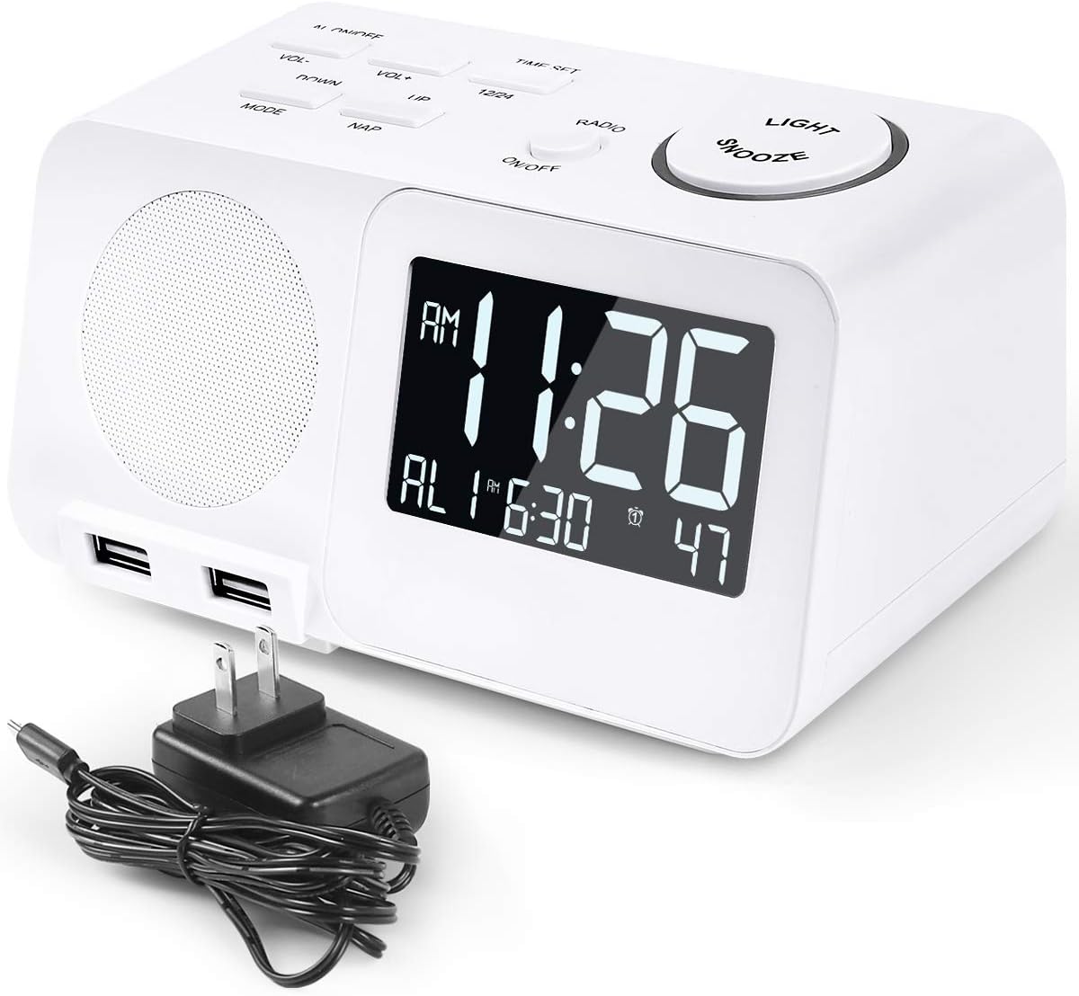 Digital Alarm Clock Radio Clock 2 Alarms Dual USB Charging Port Snooze