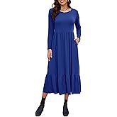 Auhoot Women's Long Sleeve Fall Dress 2026 Spring Crewneck Casual Swing Pleated Tiered Long Maxi Dresses with Pockets