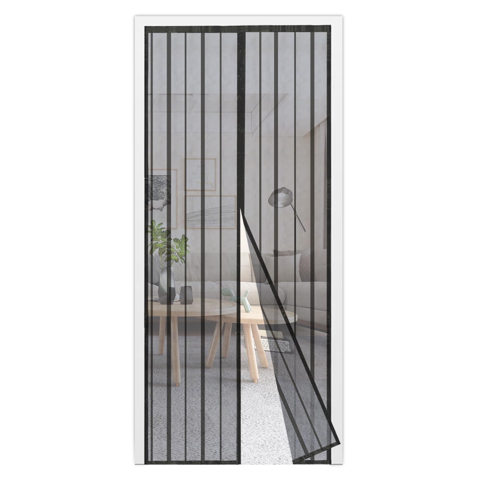 Sekey Magnetic Fly Screen Door 140 x 240 cm （ 55" x 94" ）, Shuts Automatically & Super Quite, Mesh Curtain with Full Frame Magic Tape & A Box Pins, Black