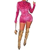 Uni Clau Women Sexy See Through Long Sleeve Short Jumpsuits Sheer Mesh Patchwork Skinny Pants Club Rompers