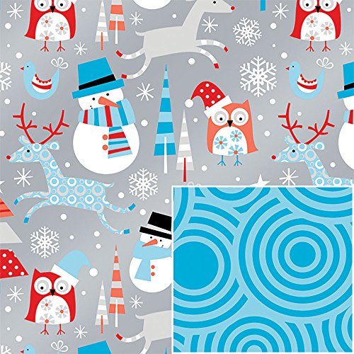 Reversible Metallic Snowman Owls Swirls Reindeer Wrapping Paper - 15 Foot Roll