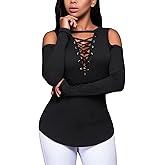 Defal Women's Sexy V-Neck Cold Shoulder Long Sleeve Blouse Shirt Slim Lace-Up Ribbed Stretchy T-Shirt Top