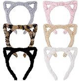 Ondder 6 Pack Leopard Cat Ears Headbands for Women, Animal Ears Headband, Fuzzy Spa Headband for Washing Face, Cute Head Band for Cosplay, Costume, Skincare