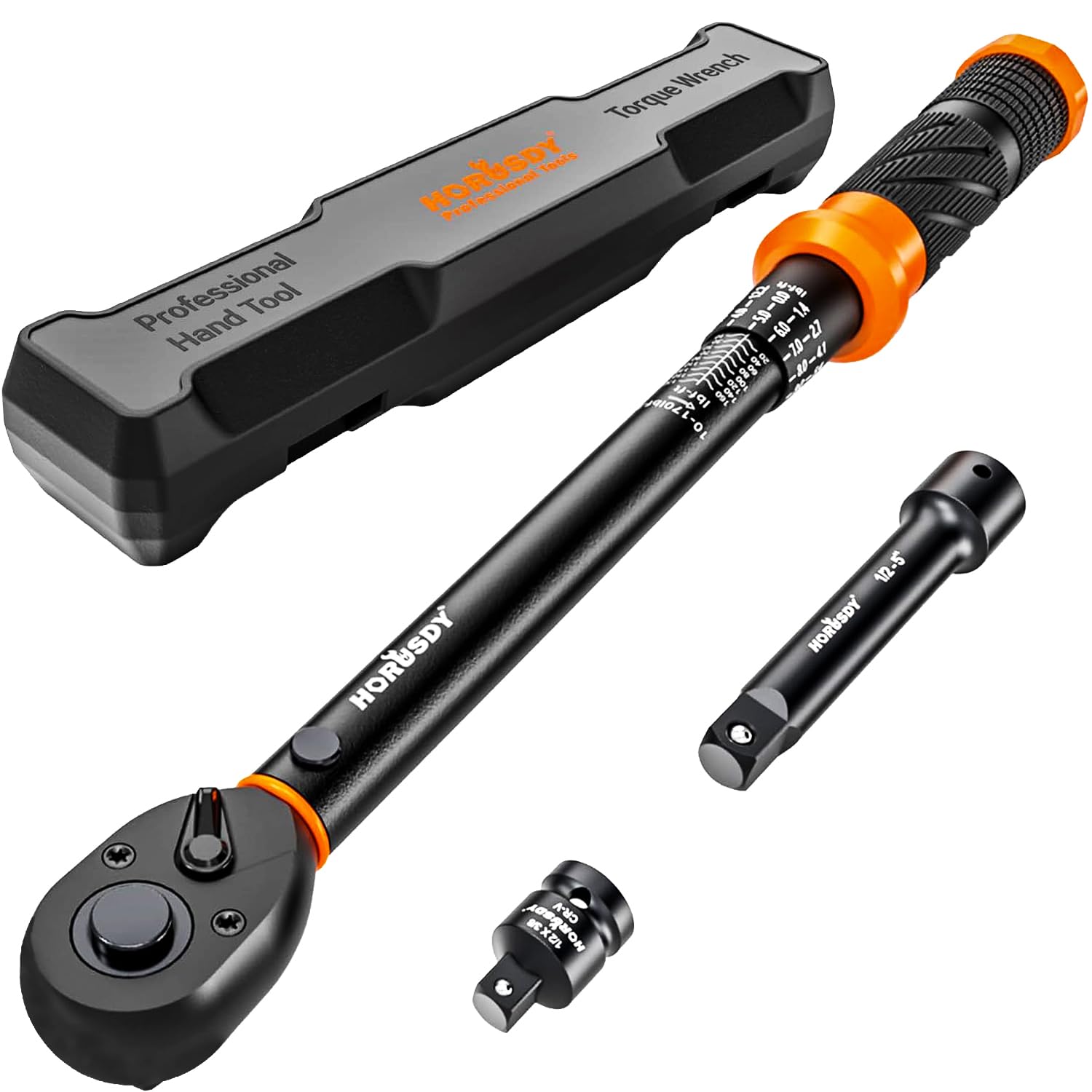 Photo 1 of HORUSDY 1/2-Inch Drive Click Torque Wrench Set – 10–170 ft-lb / 13.6–230.5 Nm, ±3% Precision, Dual Scale, 72-Tooth Reversible Head with 5" Extension & Adapter for Car, Tire, and Motorcycle Use